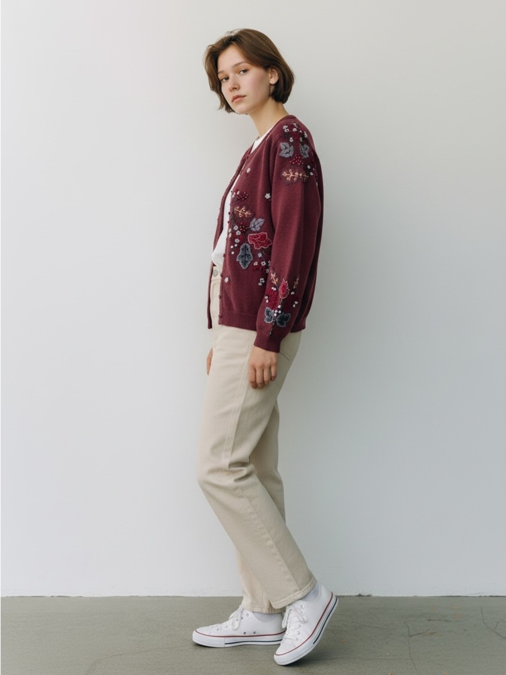 Vintage Tiara Embroidered Burgundy Floral Cardigan Jacket - Women